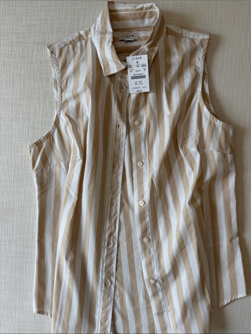 J. Crew Sleeveless Stripe Button-Up Shirt - Beige & White